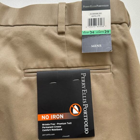 Perry Ellis Portfolio Pants Mens Cotton Khaki Flat Front No Iron Pant Size 34X29 - Picture 8 of 11